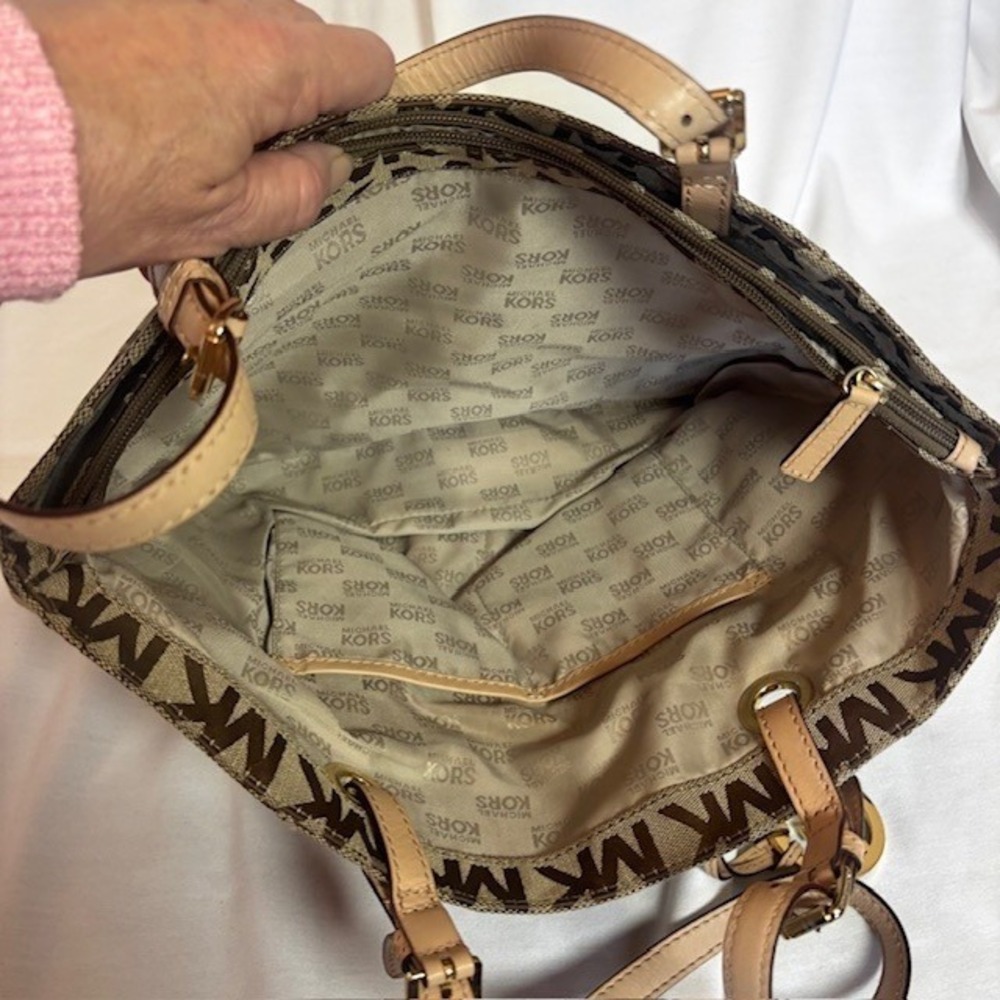 Michael Kors MK Logo Canvas Tote Bag Brown Tan Large Shoulder Bag - Picture 9 of 13